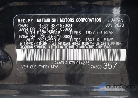 2023 Mitsubishi Outlander Sport 2.0 Es Awc from USA, damaged, VIN JA4ARUAU7PU014235